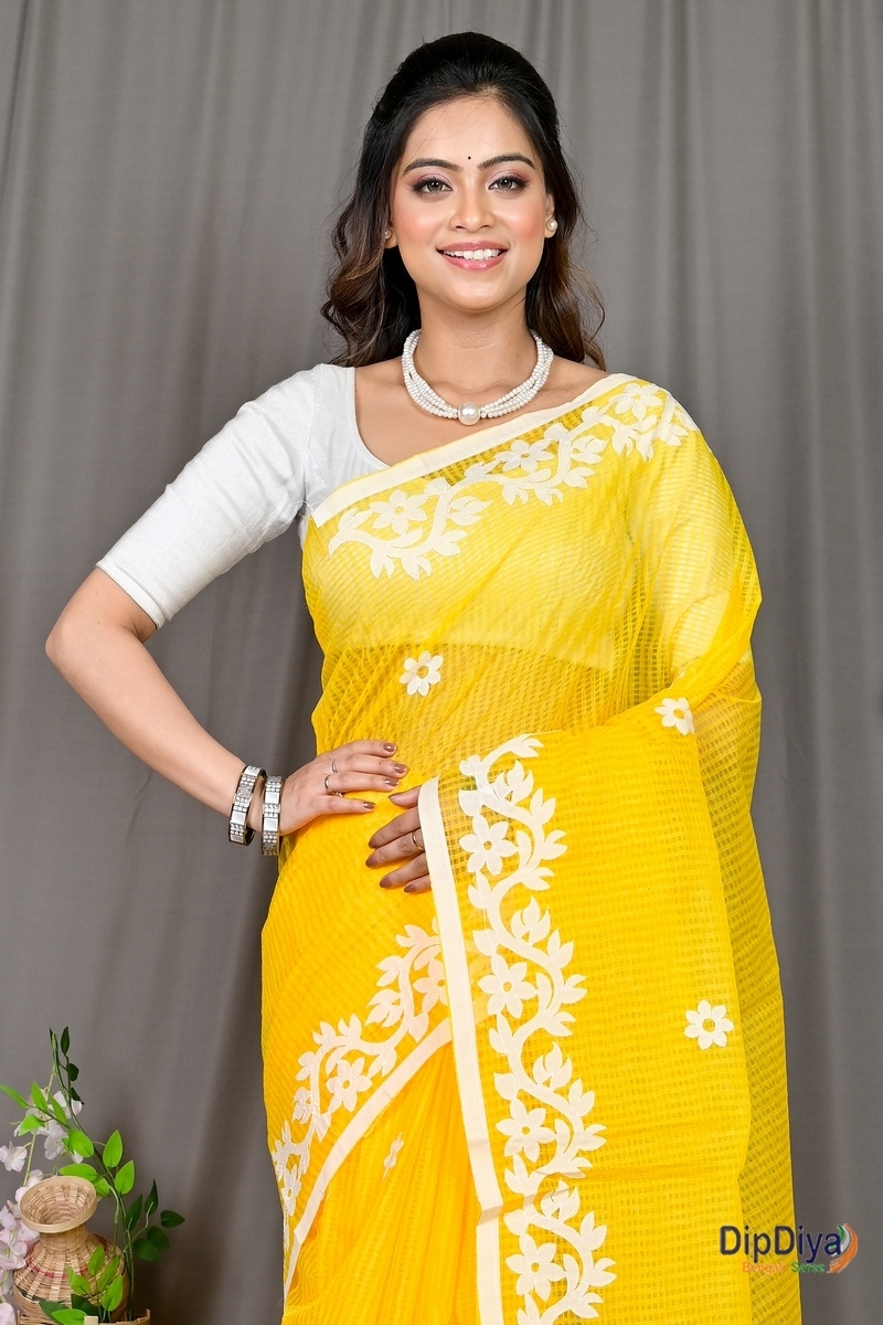 Yellow Kota Cotton Parvani Applique Saree (573)